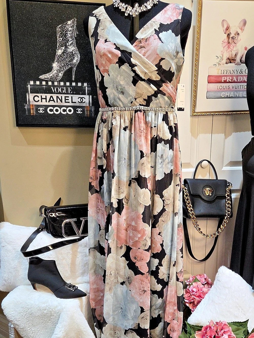 Nwt 12 SLNY Floral Maxi Dress in Black & Pink With Pearl & zirconia Waistline